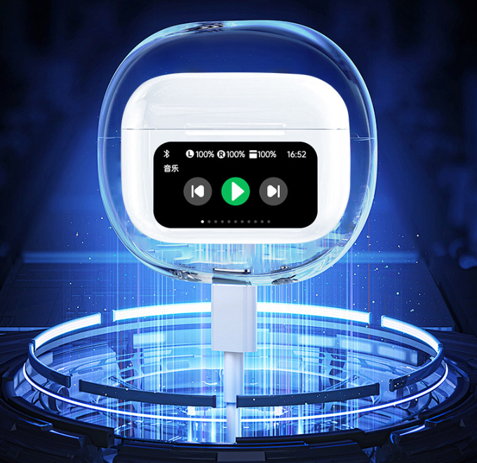 Popular wireless Bluetooth earphones with full-color touchscreen, high-quality sound, and low latency.