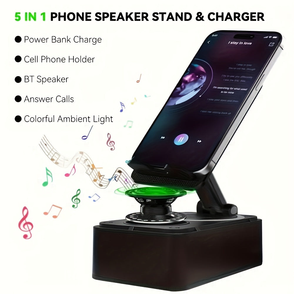 📱 5-in-1 Wireless Phone Stand – 360° Adjust, HD Sound, Mic & Remote (Tablets/Androids)! ✨