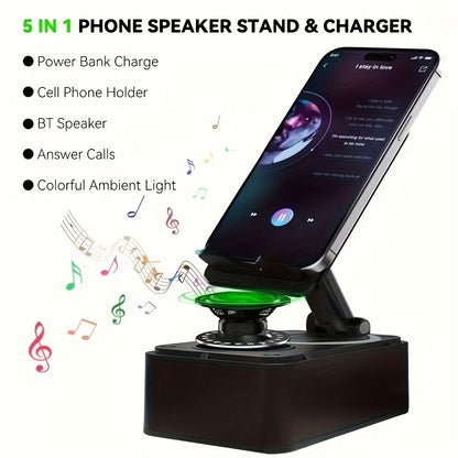 📱 5-in-1 Wireless Phone Stand – 360° Adjust, HD Sound, Mic & Remote (Tablets/Androids)! ✨