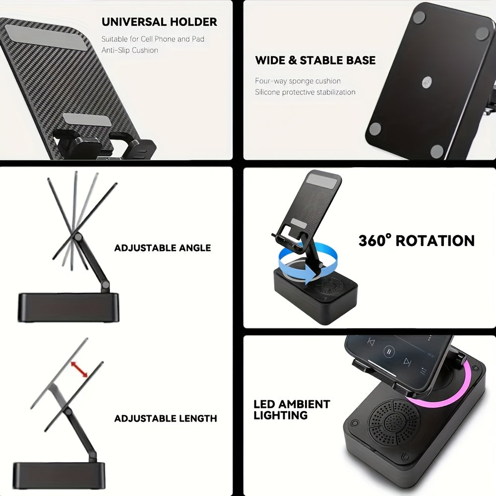 📱 5-in-1 Wireless Phone Stand – 360° Adjust, HD Sound, Mic & Remote (Tablets/Androids)! ✨