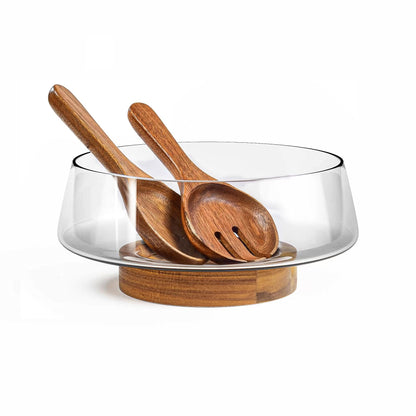 🥗 Extra Large Glass Salad Bowl Set – Party Size, Acacia Wood Base + Serving Tools! ✨