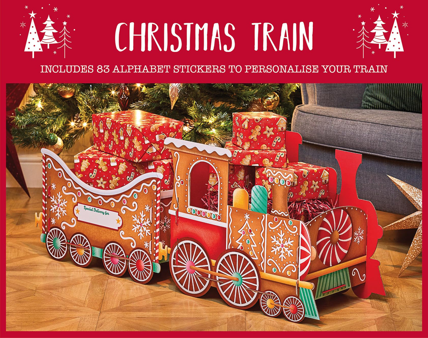 🚂 Christmas Train Gift Holder – Festive Cardboard Toy, 1200GSM + 83 Alphabet Stickers! ✨