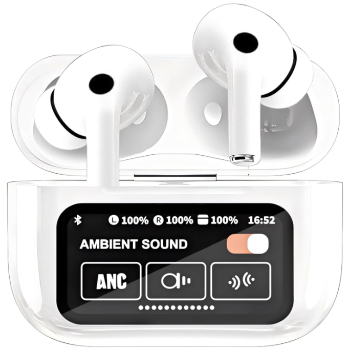 Popular wireless Bluetooth earphones with full-color touchscreen, high-quality sound, and low latency.