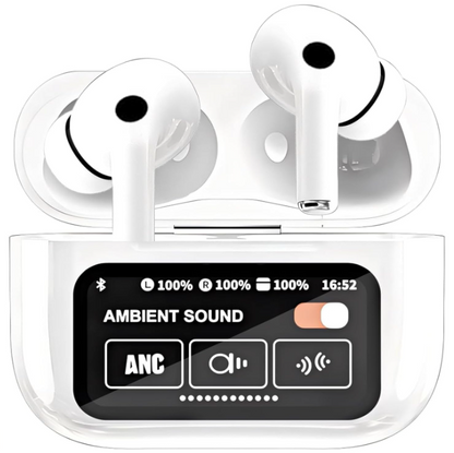 Popular wireless Bluetooth earphones with full-color touchscreen, high-quality sound, and low latency.