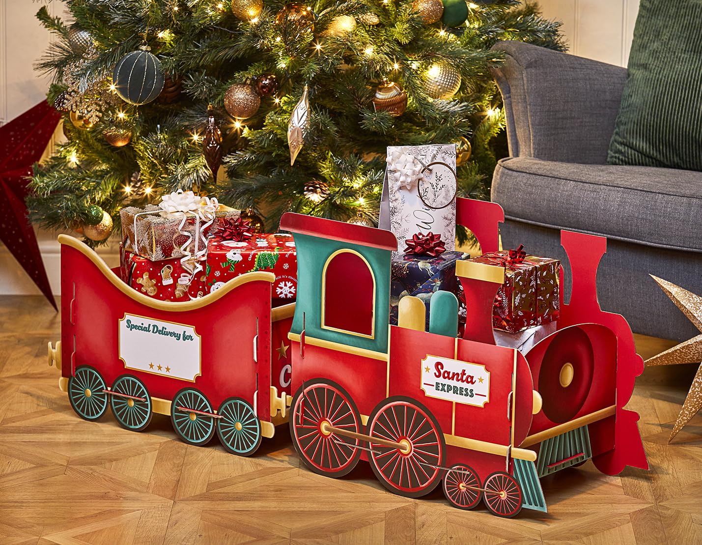 🚂 Christmas Train Gift Holder – Festive Cardboard Toy, 1200GSM + 83 Alphabet Stickers! ✨