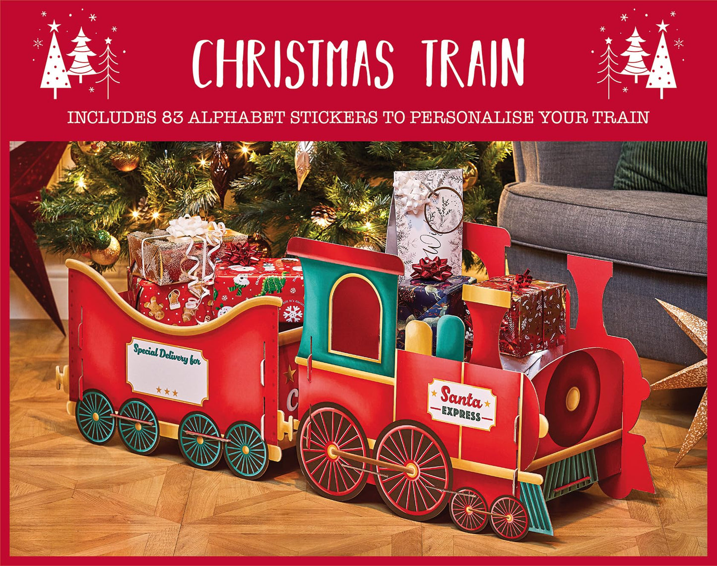 🚂 Christmas Train Gift Holder – Festive Cardboard Toy, 1200GSM + 83 Alphabet Stickers! ✨